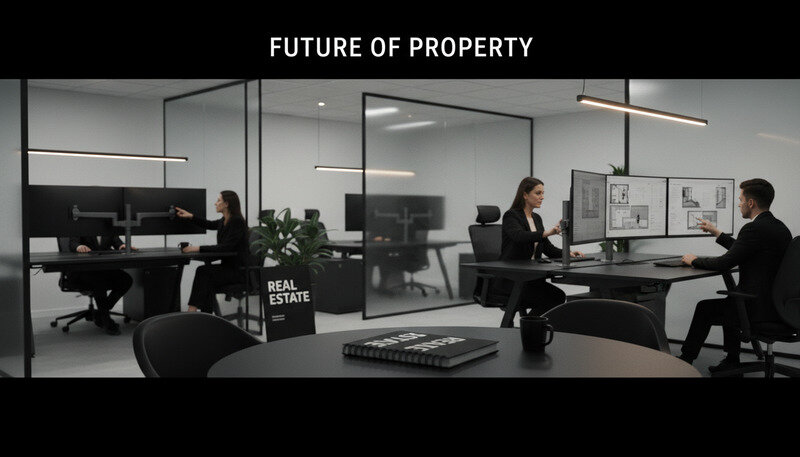 Modern real estate office with agents working at desks, property listings on screens, and clients in consultation areas