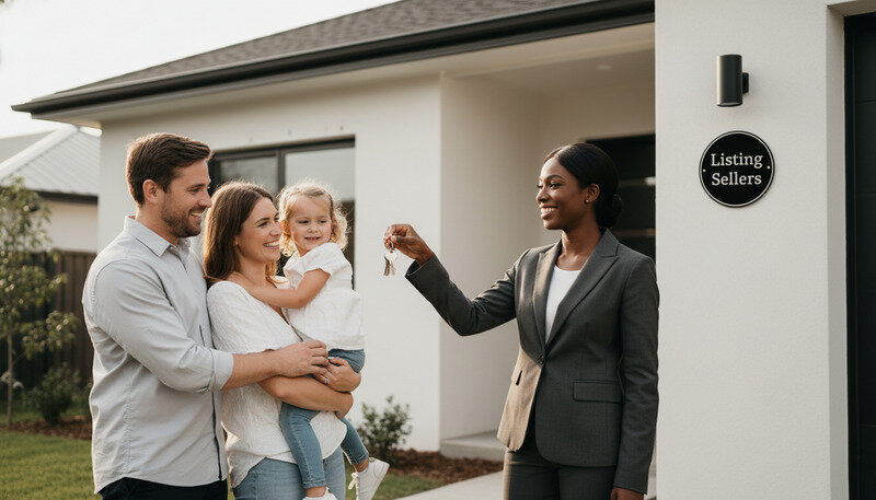 Happy family receiving keys from real estate agent in front of their new home, representing successful transaction completion