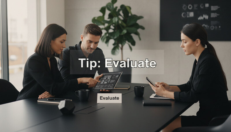 Real estate agent and clients reviewing digital property information on tablet and smartphone in modern office setting