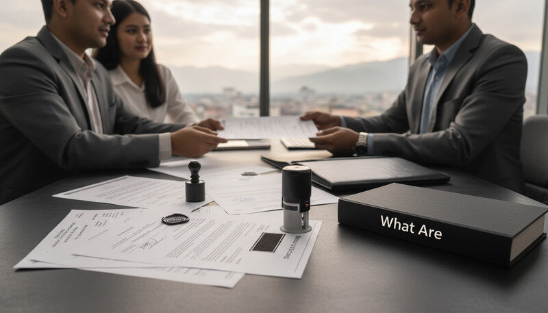 Professional real estate agent showing property documents to clients in modern Kathmandu office