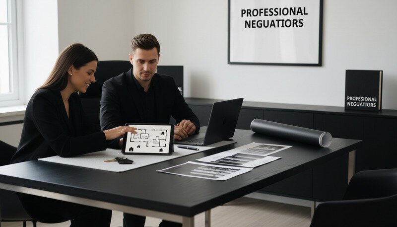 Modern real estate office with agents using tablets and computers to assist clients