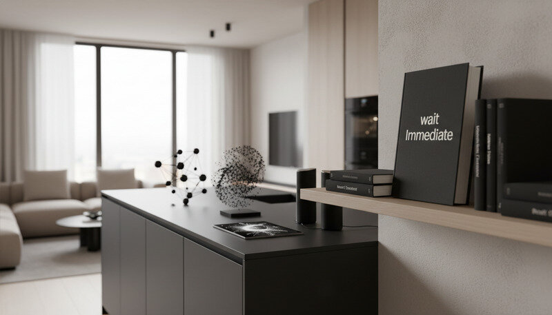 Interior view of new apartment showing modern kitchen and living area with contemporary finishes