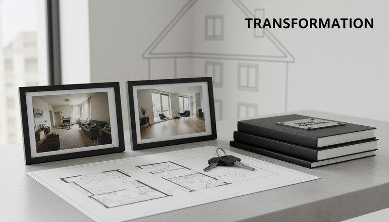 Before and after shots of resale apartment renovation showing transformation possibilities