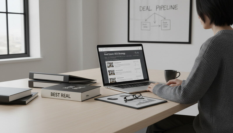 Real estate agent working on SEO strategy with laptop showing search rankings and property listings
