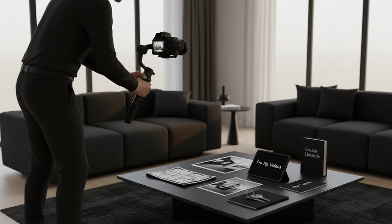 Real estate agent filming a property tour video with professional camera equipment in a modern home