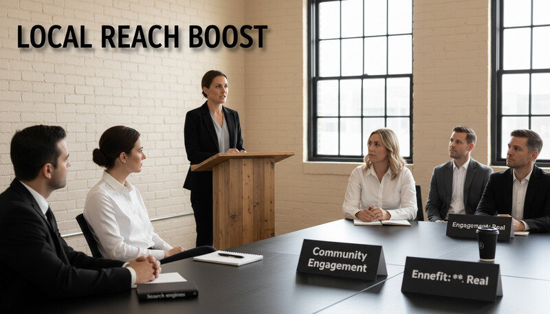 Real estate agent speaking at a community event with local business leaders and residents in attendance