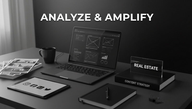 Real estate professional creating content strategy on laptop with property images and marketing materials