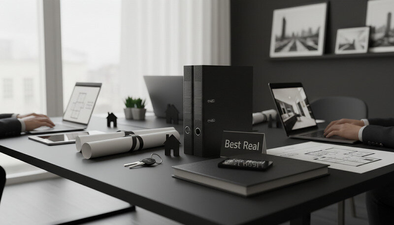 Modern real estate office with agents collaborating on digital devices and client presentations