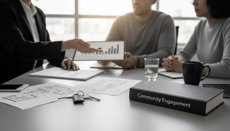 Real estate agent presenting market analysis to clients in a professional meeting room