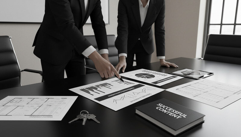 Professional real estate team analyzing performance dashboards and financial reports in a modern conference room