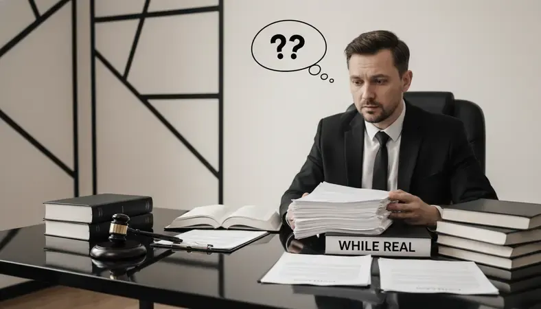 Confused property buyer looking at complex legal documents with question marks overhead