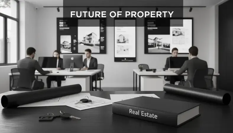 Modern real estate office in Kathmandu with agents working at computers and property listings on wall displays