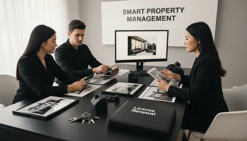 Real estate agents using tablets and computers to show property listings to clients in a modern office setting