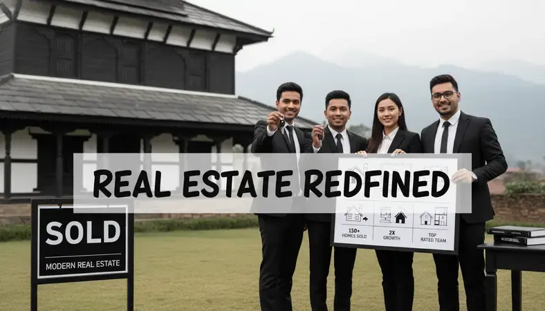 Successful real estate team celebrating in front of a "SOLD" sign outside a beautiful property in Nepal