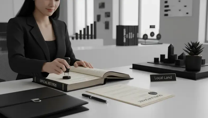 Notary public authenticating property documents with official seals and stamps in a professional office setting