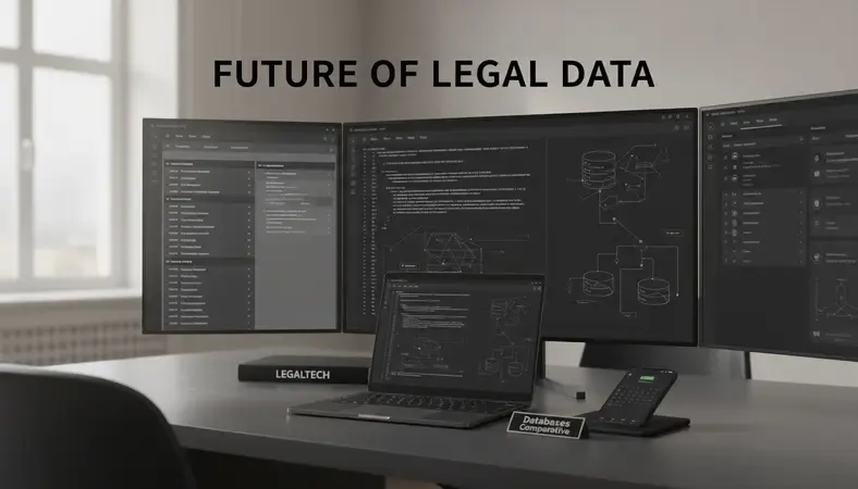 Modern law office with multiple computer screens displaying digital property records, legal databases, and case management software