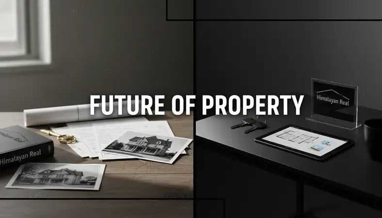 Split screen showing traditional vs modern real estate office environments