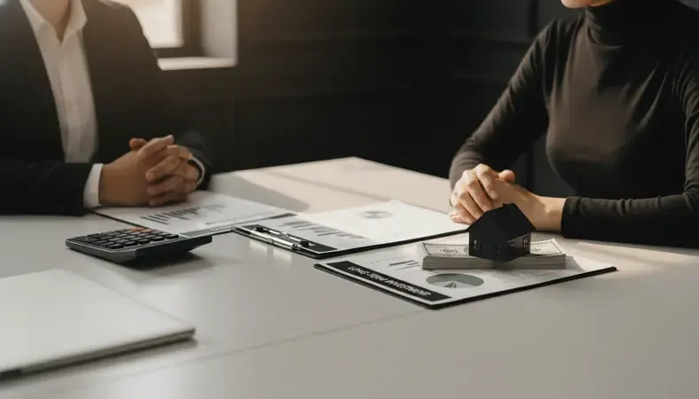 Professional meeting between property buyer and real estate agent reviewing documents